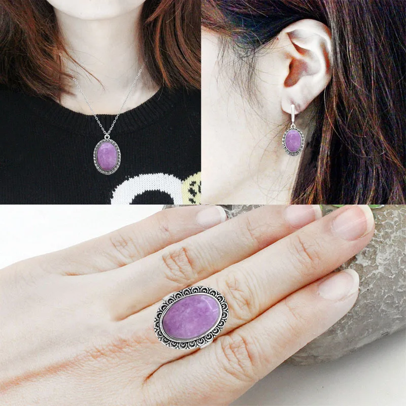 Natural Purple Stone Jewelry Sets Vintage Necklace Earrings Ring For Women Flower Pendant Fashion Party Jewelry|Ювелирные наборы| |