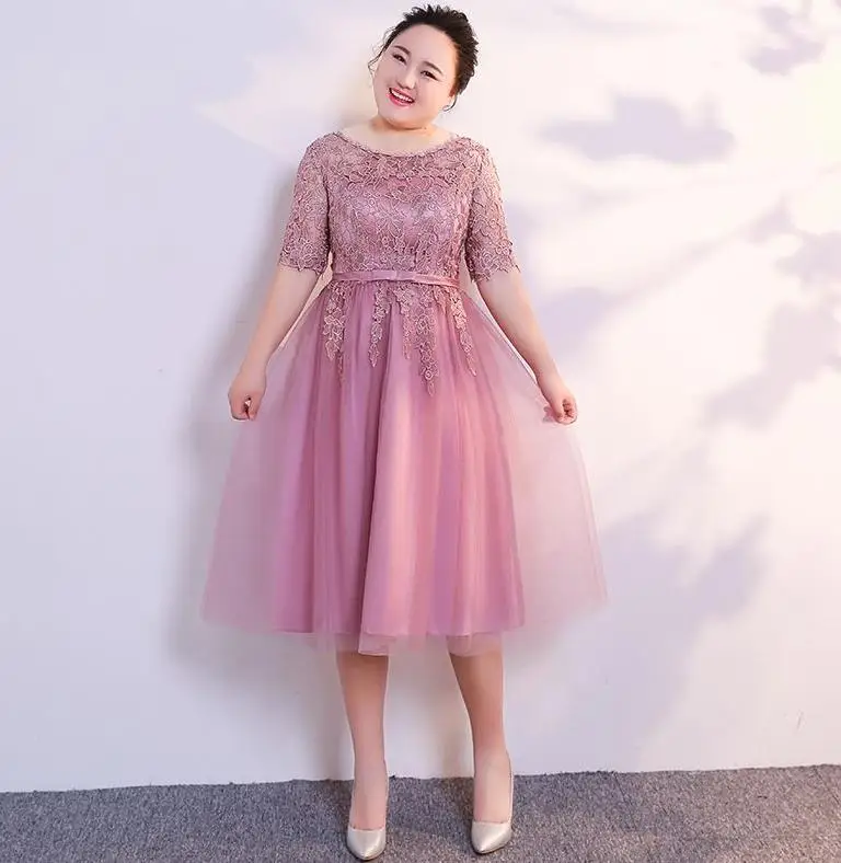 blush pink Большие размеры vestidos de madrinha, новинка, из кружева, с вырезом на шее, с коротким рукавом, трапециевидной формы, бирюзового, синего, румяна, розового цвета, свадебное платье для гостей, длина чая - Цвет: blush pink