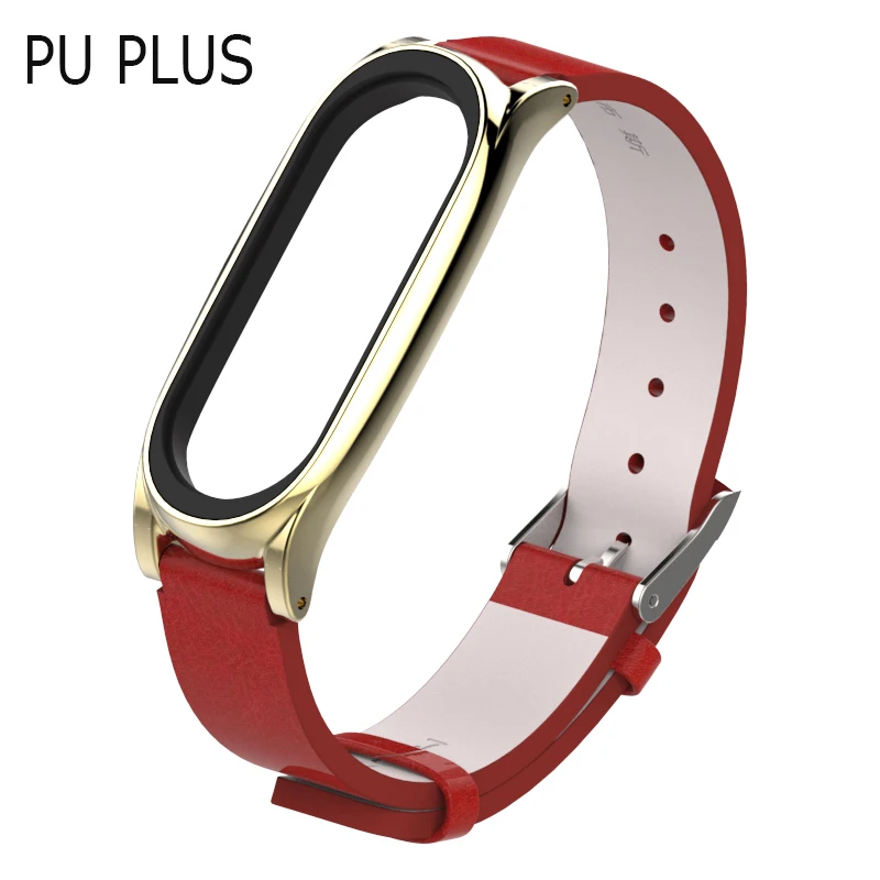 PUplus-red rose gold Для mi Band 3 ремешок с металлической рамкой из искусственной кожи ремешок для Xiaomi mi Band 3 Аксессуары для смарт-браслета mi band 3 PU Plus кожаный ремешок - Цвет: PUplus-red rose gold
