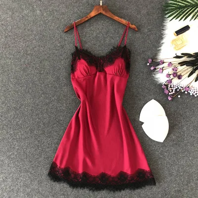 

Herislim Women's Sexy Lingerie Silk Nightgown Summer Dress Lace Night Dress Sleepwear Babydoll Nightie Satin Homewear Chest Pads