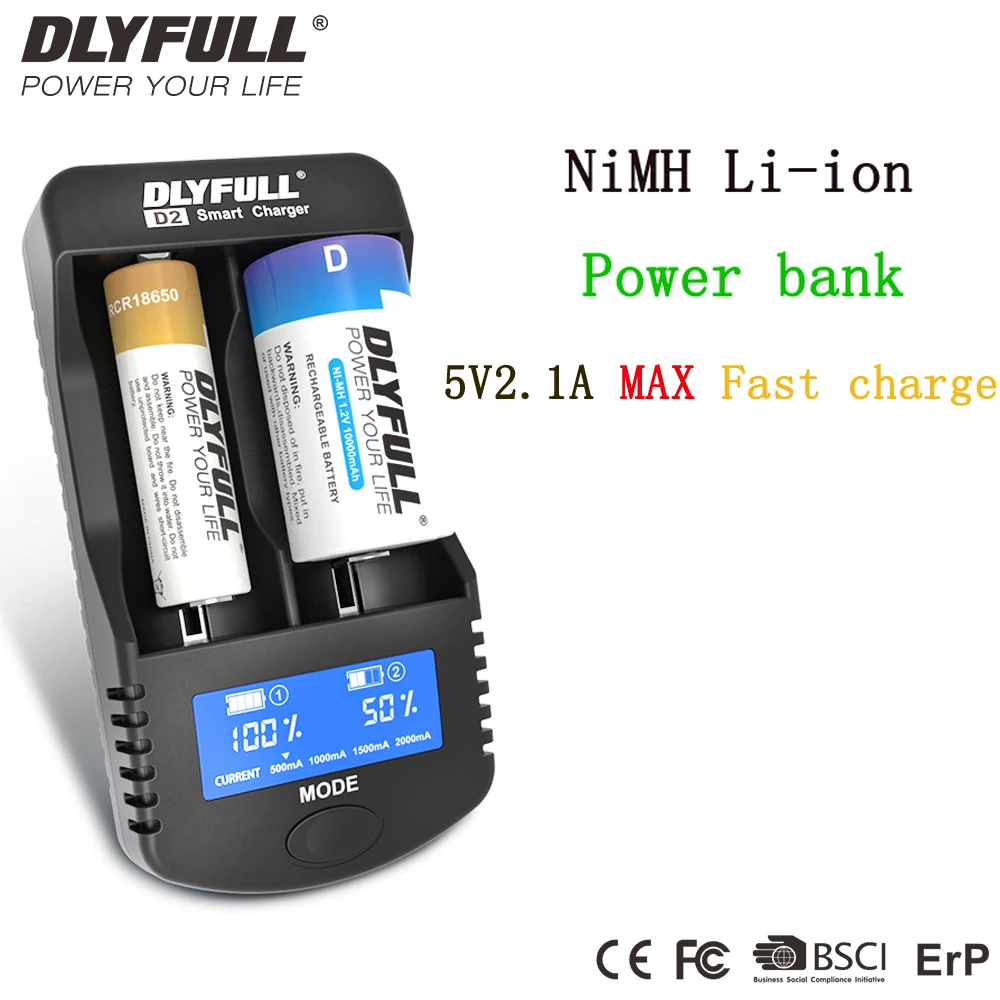 DLYFULL D2 lcd умное зарядное устройство для 1,2 V Ni-MH/CD AA, AAA, C, D, 3,7 V Li-Ion 18650 32650 16340 21700 26650 32650 зарядное устройство