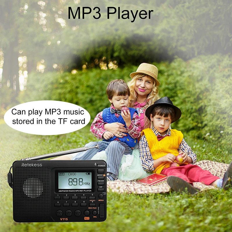 Retekess V115 FM/AM/SW радио приемник бас звук MP3 плеер REC рекордер портативное радио с таймером сна TF карта портативный карманный