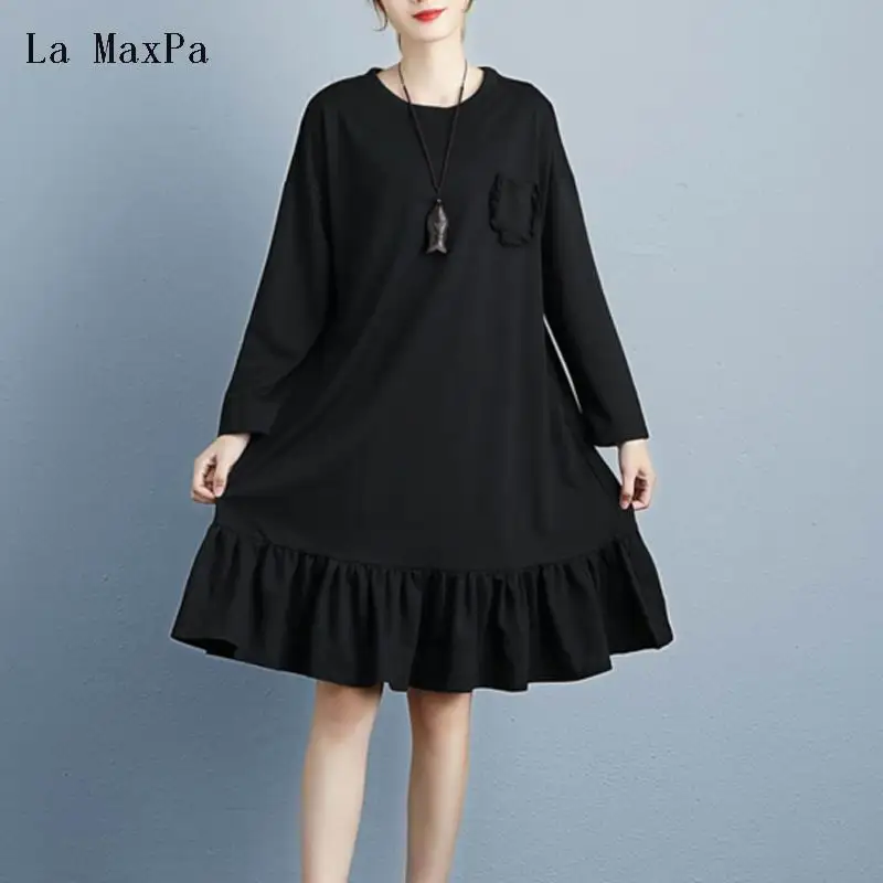 La MaxPa весенне зимнее платье с круглым вырезом Черное женское Повседневное