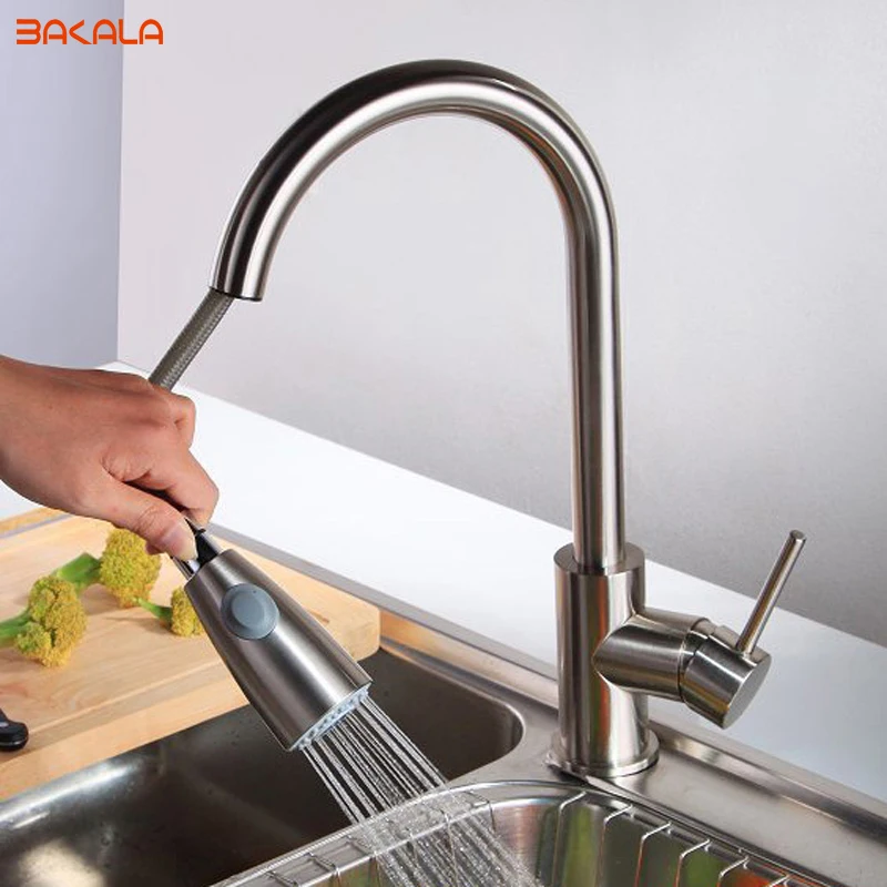 BAKALA Newest Pull out Spray Kitchen Faucet Mixer Tap Brushed nickel single hand Stainless steel kitchen tap mixer LH-8105 | Обустройство