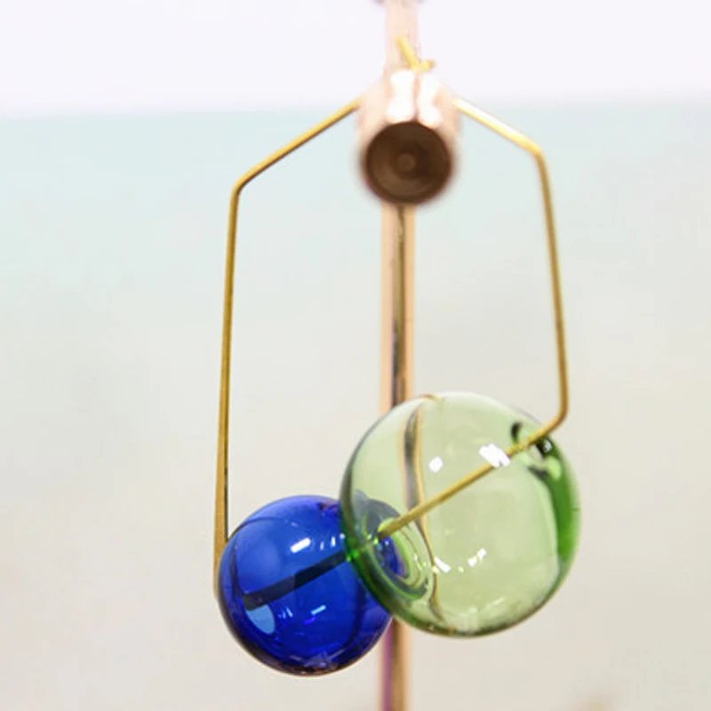 green and blue Женские серьги-кольца в виде пузырьков, ручная работа, винтажные, уникальные, цветные, стеклянные, круглые серьги, прозрачные корейские серьги - Окраска металла: green and blue