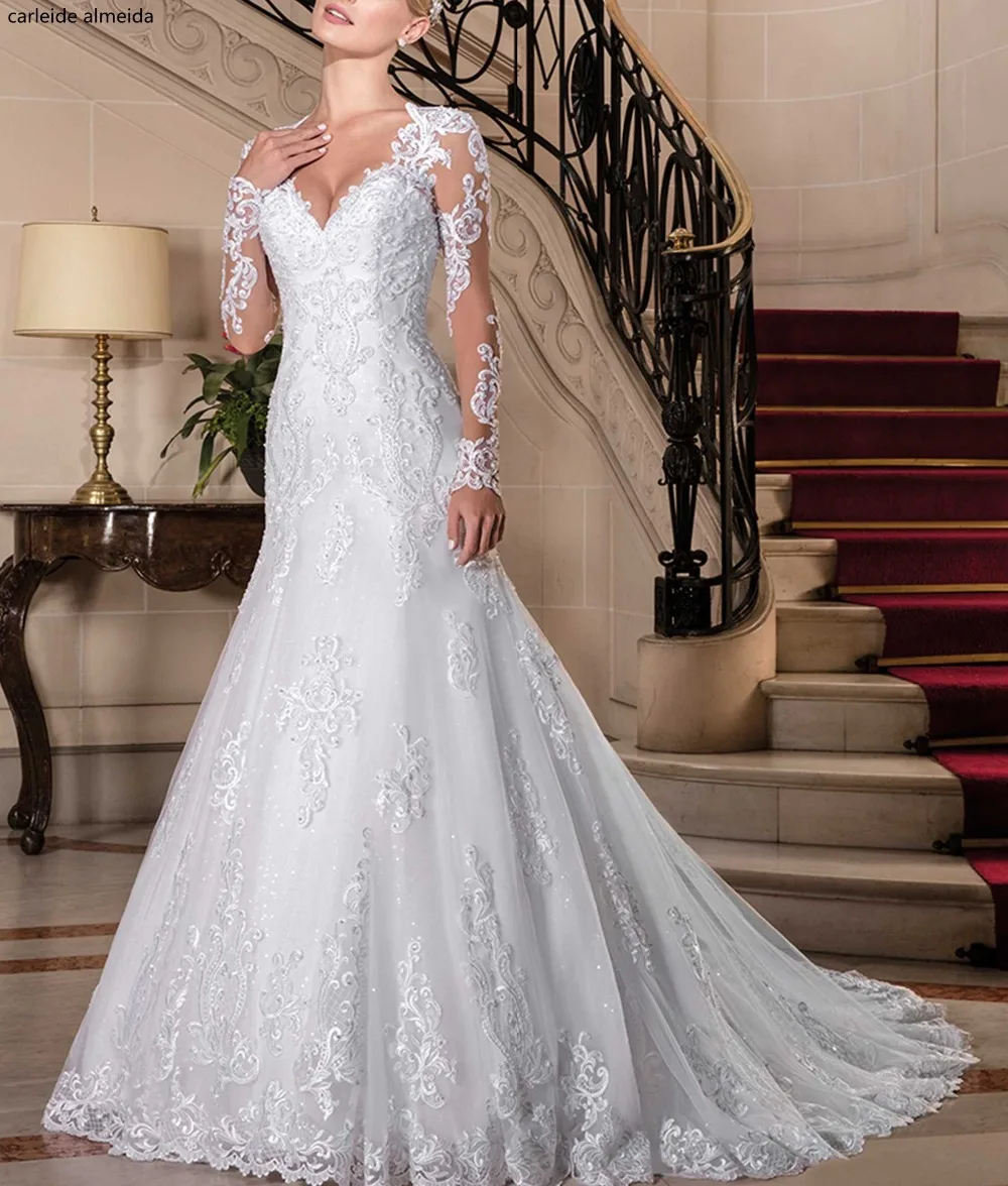Свадебное платье Русалка с длинным рукавом уникальное кружевное свадебное