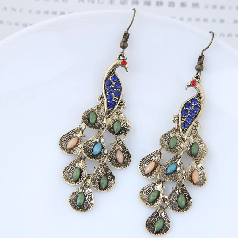 Turbosun Vintage Peacock Pendant Earrings Crystal Rhinestone Metal Fringe Long Women Fashion Jewelry Accessories | Украшения и