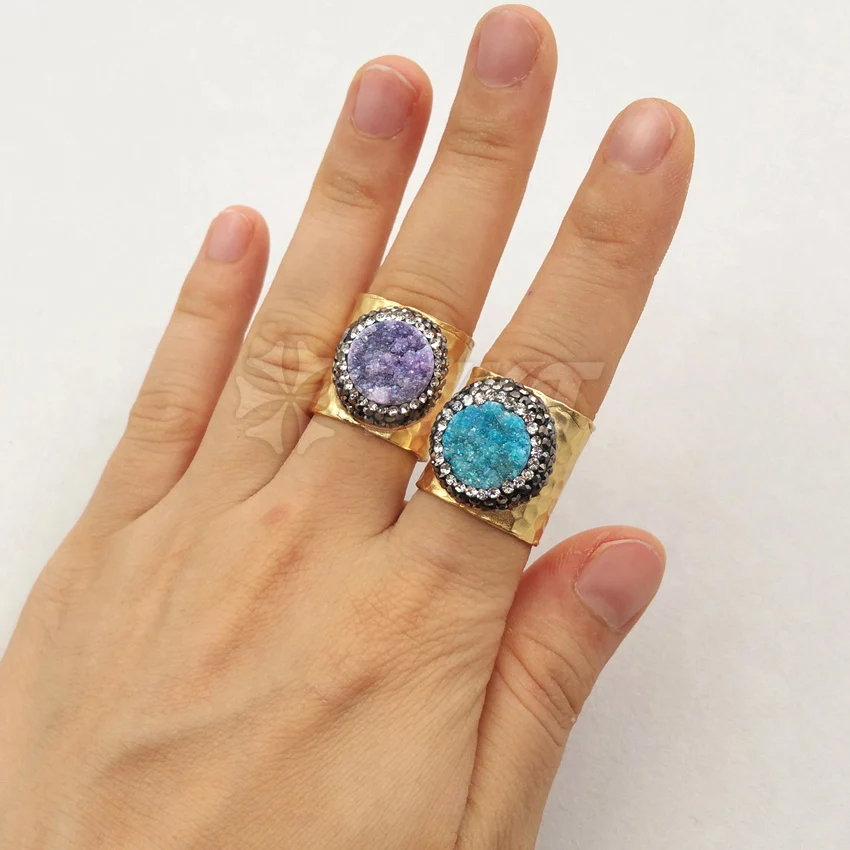 WT-RR010 Wholesale Custom CZ Paved Natural Round Linght Color Druzy Quartz Rings With Gold Adjustable Size For Women | Украшения и