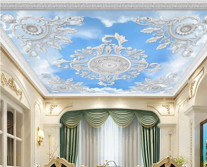 

Custom 3D Ceiling Wallpaper 3D Stereo White plaster line carved sky Photo Mural Ceiling Wall papers Home Decor