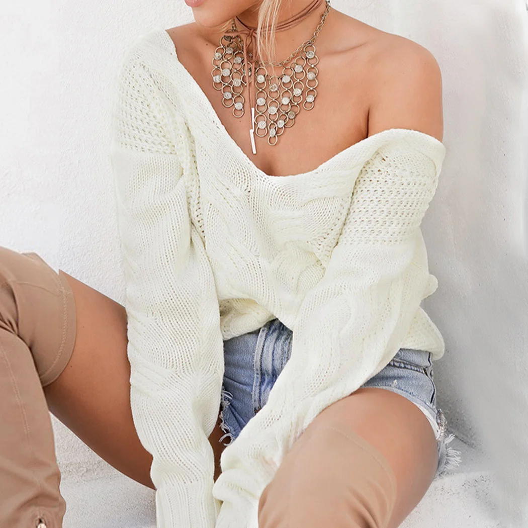 Women Long Sleeve Off Shoulder Sweater Pullover Winter Sexy Deep V-Neck Twist Knitted Sweaters 2018 Autumn Outwear Jumper Femme | Женская