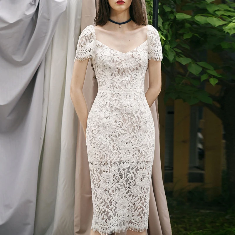 INDRESSME элегантное однотонное облегающее платье до колена с вырезами, сексуальное кружевное платье с v-образным вырезом и коротким рукавом, женское Бандажное платье Vestidos