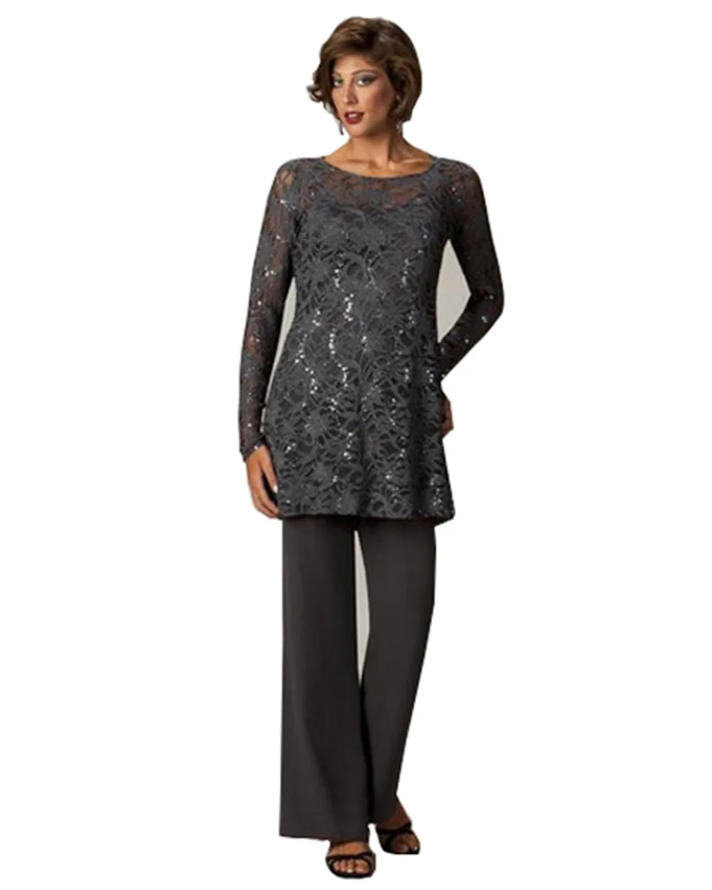 

Mother Of Bride Dresses Pant Suits Sequined Lace Top Long Sleeves Gray Chiffon Custom Make Formal Wedding Party Guest Dress