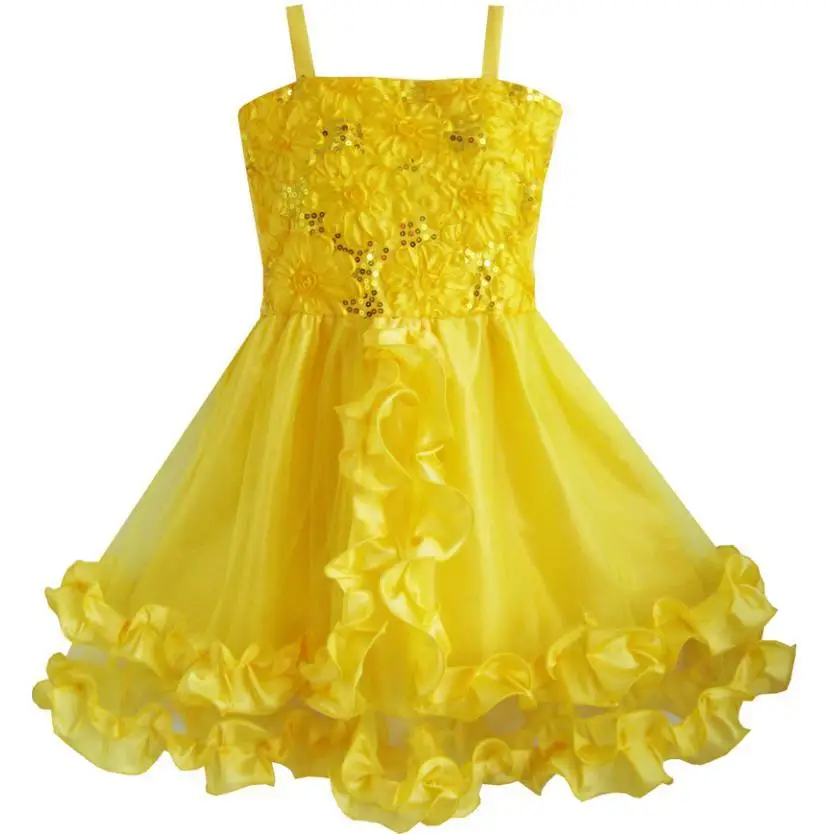 Sunny Fashion платья для девочек Цветок Девушка Платье Желтый Shinning Блестки Свадьба