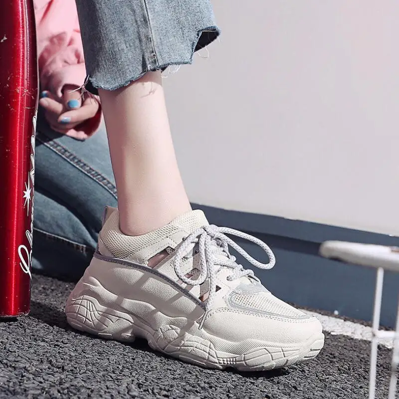Ажурная женская обувь Sneakerss новинка 2019 года летняя в Корейском стиле на толстой