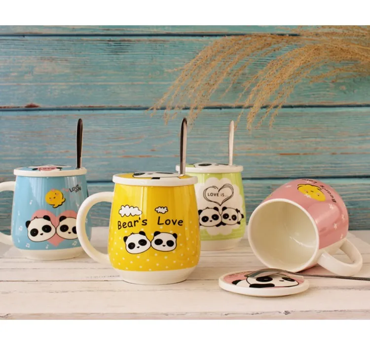 4 цвета Kawaii мультфильм панда кружки с ложкой керамическая чашка с крышкой бутылки для воды кружка для кофе, молока чай чашки любовник подарки на день рождения