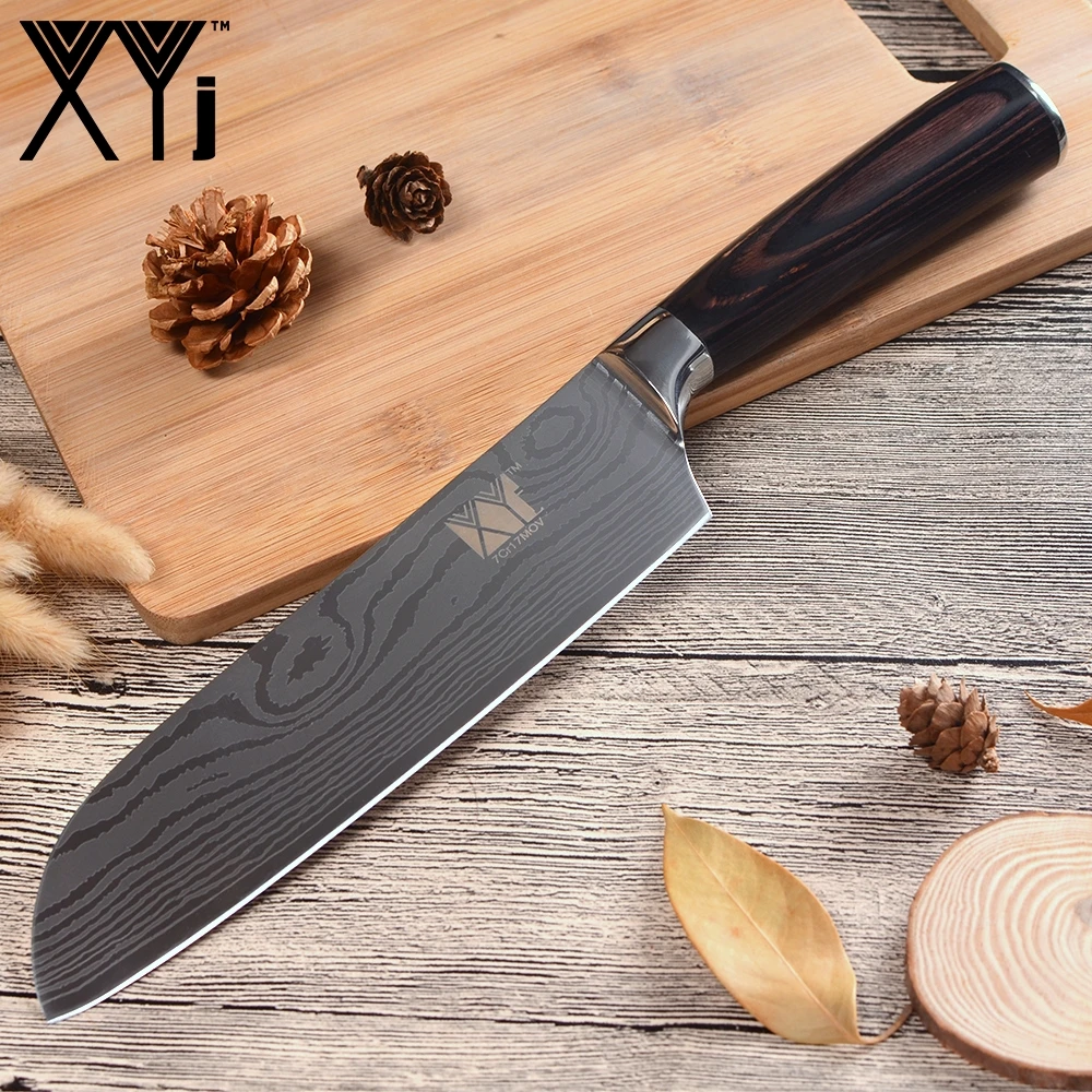 XYj 7Cr17 кухонный нож из нержавеющей стали 7 дюймов Santoku популярный узор лезвие