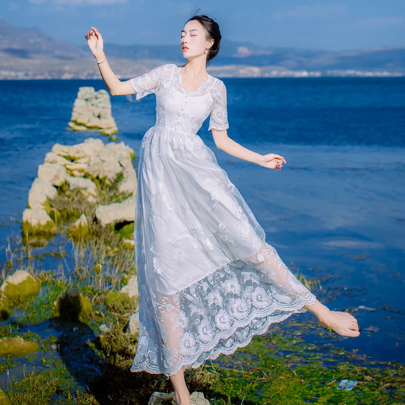 Вечерние одежда летнее платье 2018 Короткие рукава кружевные нарядные платья