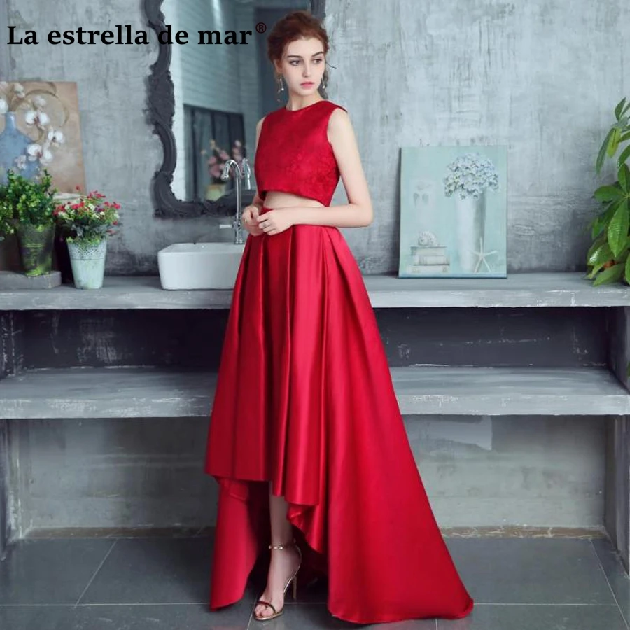 Платье vestido de madrinha casamento longo 2021 кружево и атласный высокий низкий 2 шт. бордовый