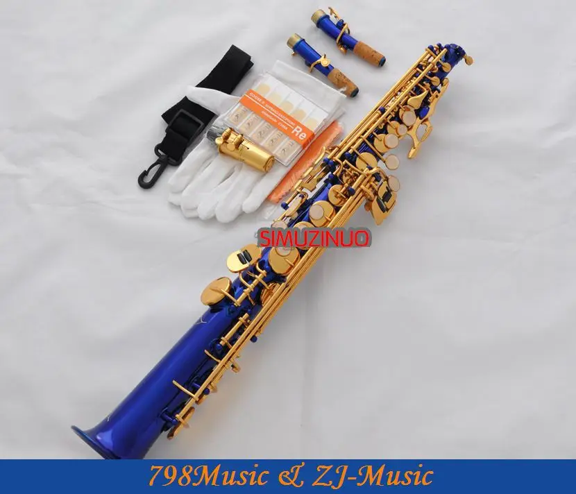 

Новый сине-Золотой прямой Bb Сопрано-саксофон Sax High F # G с бриллиантами-2 Neckes