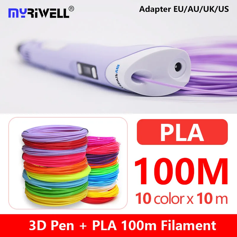 purple PLA100m Myriwell RP-100B 3d Ручка с светодиодный дисплей pla 1,75 мм abs нити 3d ручка 3 d ручка с 100 м abs для детей подарок на день рождения - Цвет: purple PLA100m