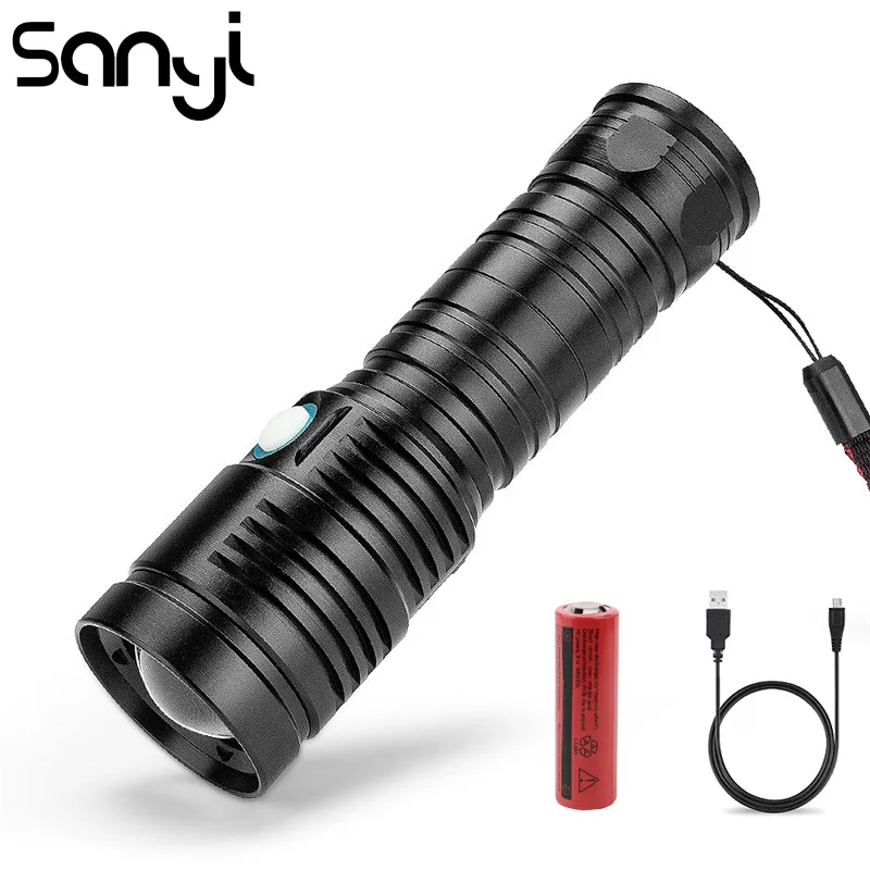 

Фонарик SANYI с 4 режимами, суперъяркий светодиодный фонарик с зарядкой от USB и аккумулятором 26650, портативный фонарь с зумом, Рабочий фонарь дл...
