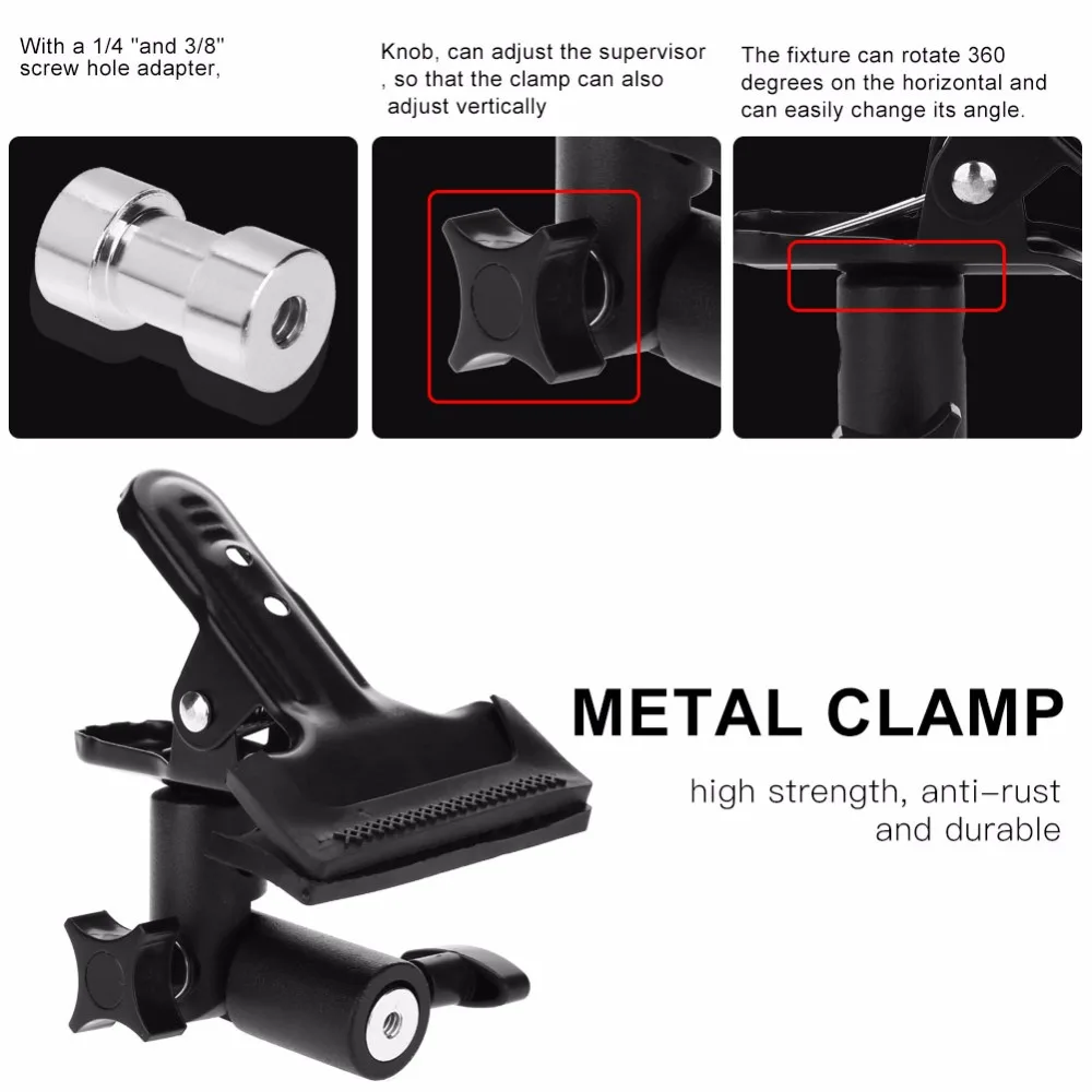 Metal Clamp 3/8'' &amp 1/4'' Screw Mount Rotatable Clip Holder Light Stand Studio Photography Accessory for Photo Reflector |