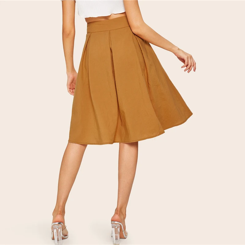 SHEIN плиссированная юбка с пряжкой и поясом, винтажная расклешенная Женская юбка с высокой талией,, однотонное кольцо с молнией, весенняя, летняя, осенняя юбка
