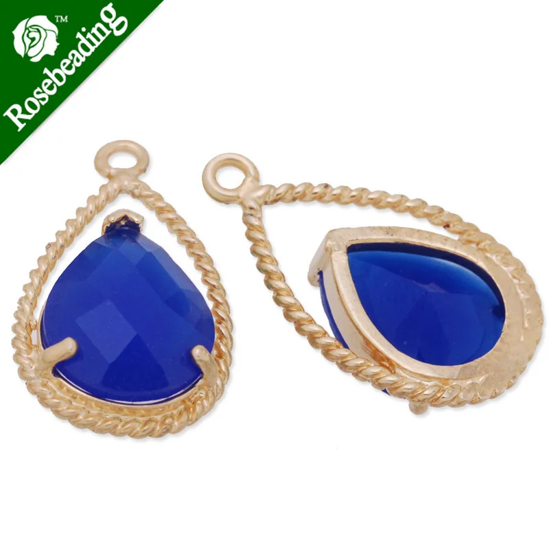 

11.5x20mm matt gold plated framed glass,Faceted glass,royal blue,connectors,gemstone bezel,Sold 5pcs/lot-C4157