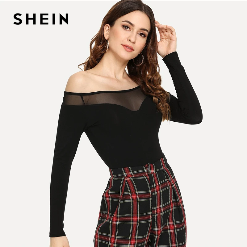 SHEIN черная элегантная Офисная Женская футболка с открытыми плечами, с сеткой, контрастная, с длинным рукавом, однотонная, сексуальная,, осенняя рабочая одежда, женская футболка, Топ