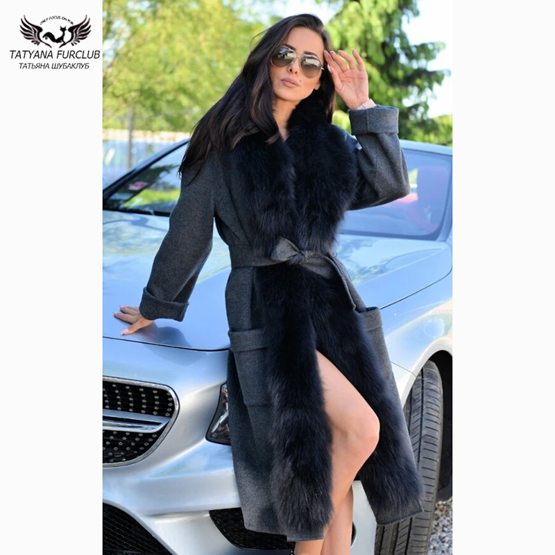 2022 Tendy Natural Woman Fur Coats Winter Fashion Wool Blends Fox Fur Coats Long Luxury Whole Skin Fox Fur Cashmere Overcoats