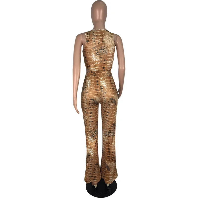 

Snake Skin Print Sexy Party Jumpsuits For Women O Neck Sleeveless Bandage Long Romper Vintage High Waist Skinny Flare Bodysuit