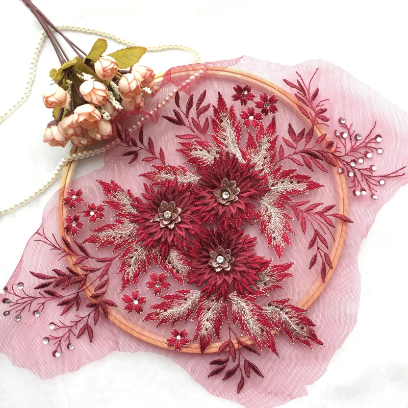 

1Piece Embroidery Fabric DIY Patch 3D Beaded Sewing Accessories Lace Applique Bridal Dress Embellishment Black Dark Red