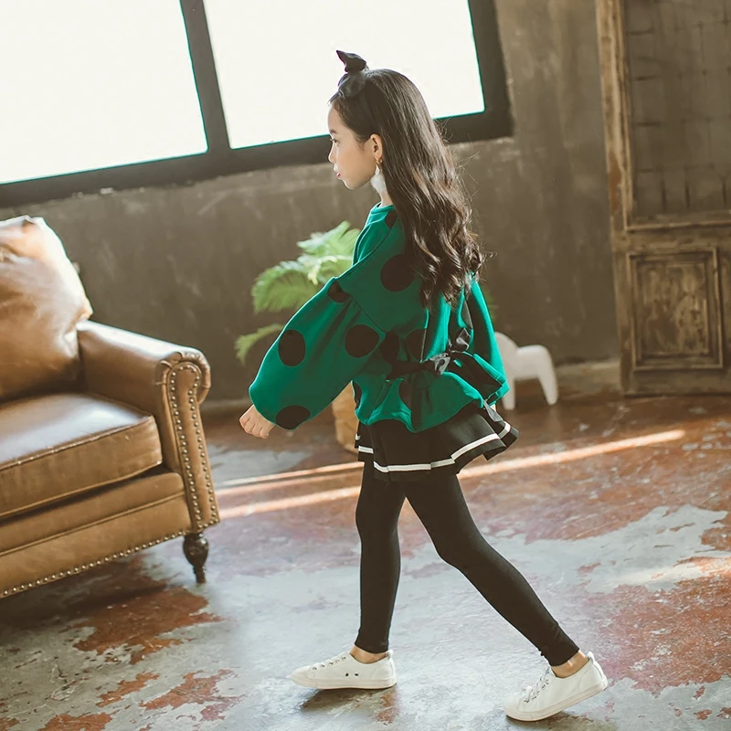 2017 комплект зимней одежды для девочек Зеленый в крупный горошек детская одежда