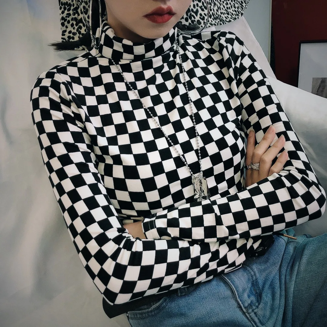 Jasmine summer thin black and white plaid take a T-shirts female hip-hop Hong Kong long-sleeved T-shirt tees | Женская одежда