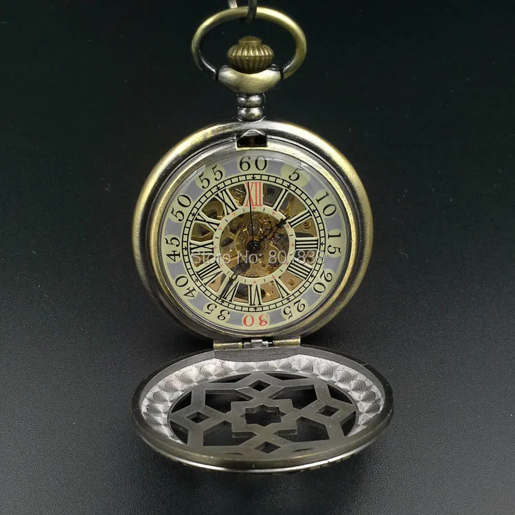 Bronze Tone Steampunk Skeleton Mechanical Hand Wind Pocket Watch w/Chain Half Hunter Luxury Timepiece | Наручные часы