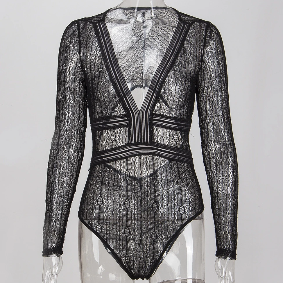 6 Colors Sexy deep V Neck Lace Bodysuit Women Mesh Hollow Cut Backless Long Sleeve Stretch Black Jumpsuit Summer 2018 | Женская одежда