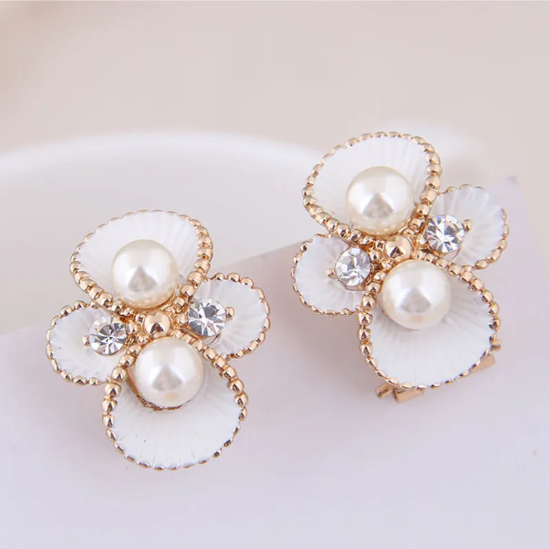 2019 New Trend Hot Sale Jewelry Korea Fashion Pearl Crystal Four Leaves Rose Stud Earrings Zircon | Украшения и аксессуары