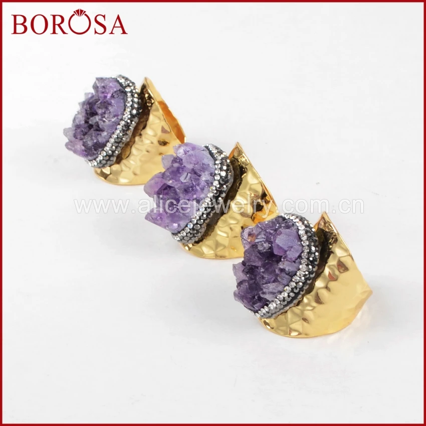 Украшения произвольной формы borosa с необработанными аметистами Золотое кольцо