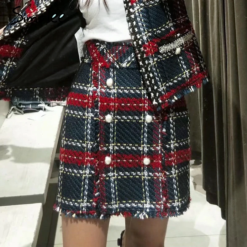 

Simplee Office mini plaid women skirt High waist tweed christmas winter black skirt 2018 Vintage A-line skirts female bottoms