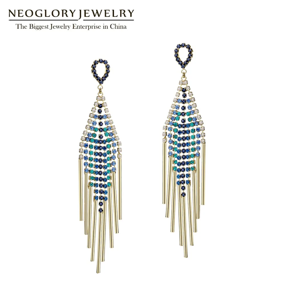 Серьги подвески Neoglory Красочные Стразы гипоаллергенные серьги с водопадом для