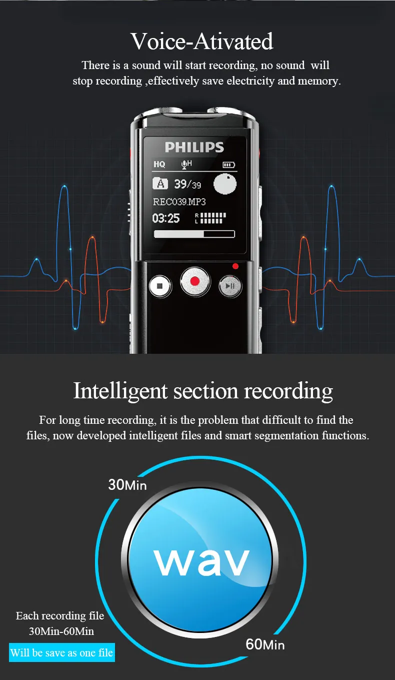 Philips 8 ГБ Цифровой диктофон до 64G беспроводной пульт дистанционного записи Голосовая активация fm-радио с 2* AAA батареей