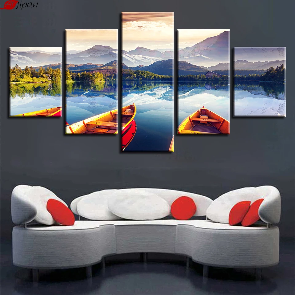 Canvas Wall Art Pictures Living Room Decor HD Printed 5 Pieces Mountain Lake And Boat Paintings Natural Landscape Poster Frame | Дом и сад