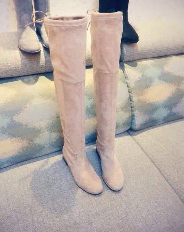 beige flat Популярные женские высокие сапоги-гладиаторы; замшевые сапоги из флока на высоком квадратном каблуке; цвет серый, бежевый, черный; модельные сапоги для ночного клуба; Прямая поставка - Цвет: beige flat