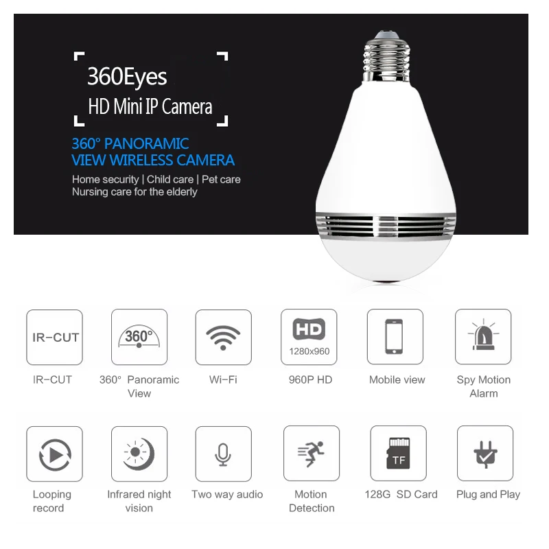 Новый 1 3 МЕГАПИКСЕЛЬНОЙ Мини Лампа WI FI Камера 960 P 360 Градусов Панорамный FishEyes