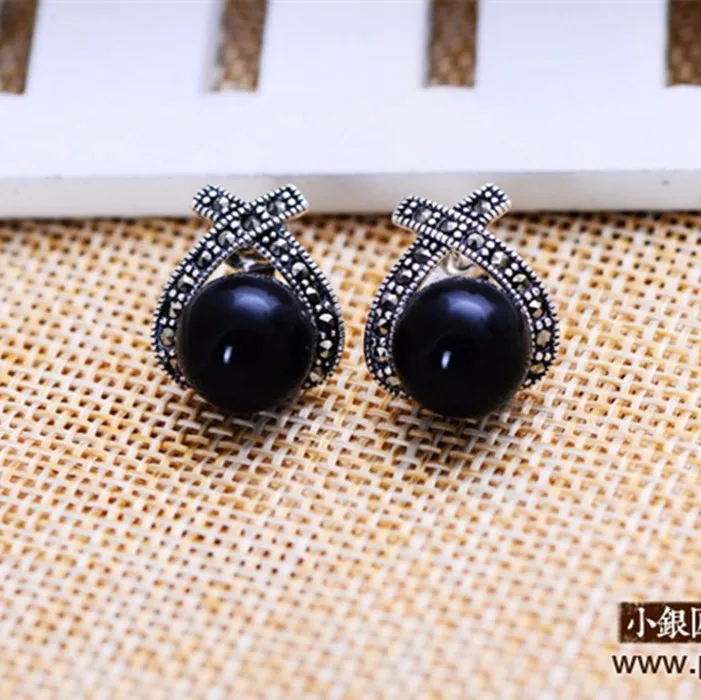 

KJJEAXCMY fine jewelry 925 Pure silver inlaid with onyx and knotted female earrings