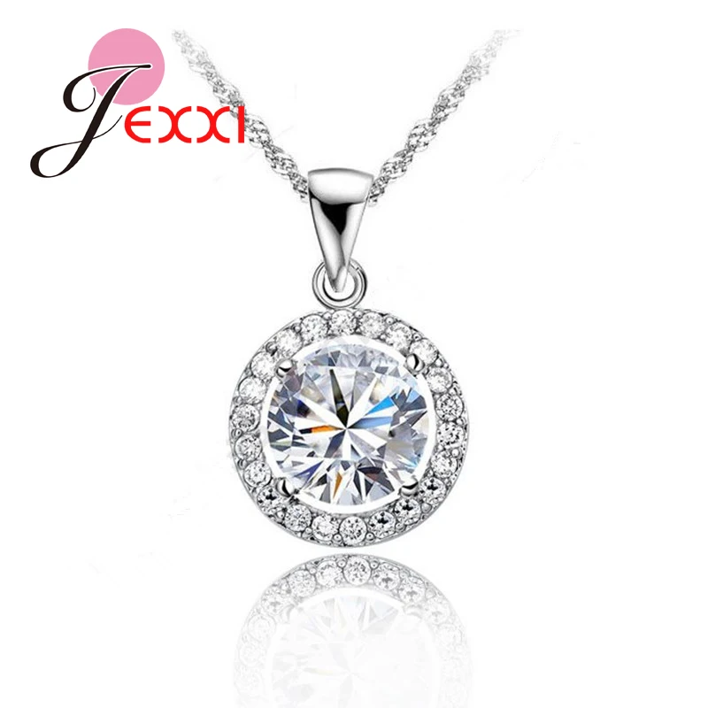 

925 Sterling Silver Fashion Wedding Engagement Jewelry Top Quality Shiny Round CZ Zircon Crystal Pendant Necklace For Women