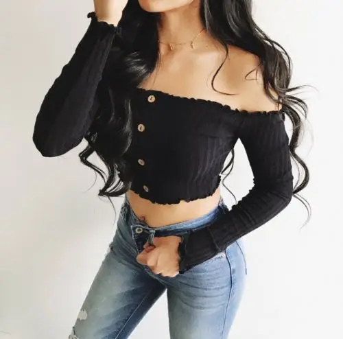 New Fashion Women Clothing Ladies Frill Off Shoulder Slash Neck Knittwear Buttons Long Sleeve Crop Tops Knitted | Женская одежда