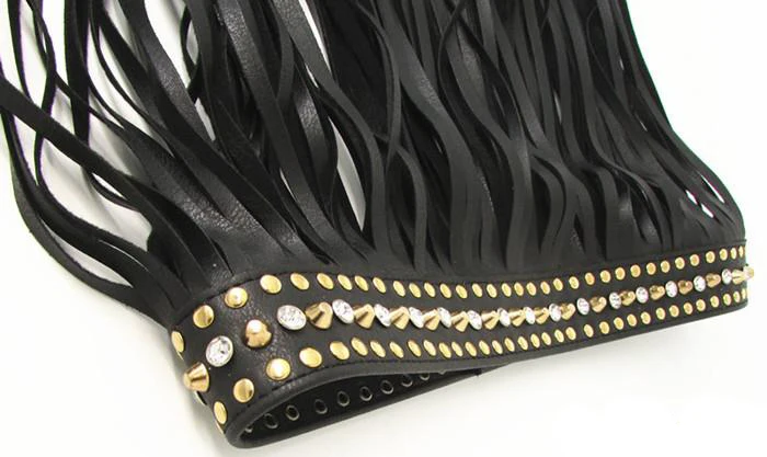 Женский длинный ремень с кисточками и бахромой черный кожаный широкими