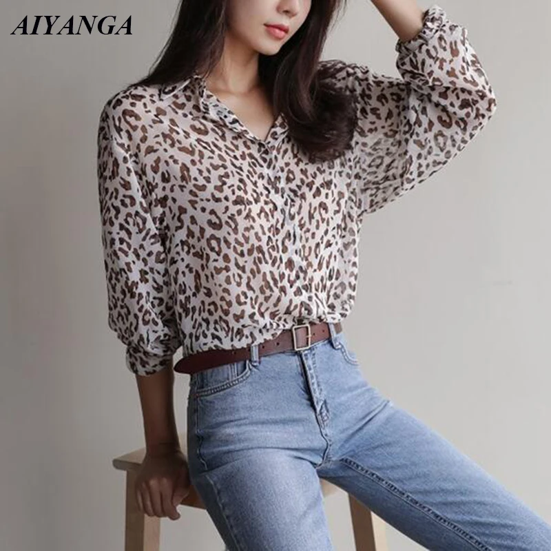 New Leopard Shirts For Women 2019 Spring Blouses Long Sleeve Female Casual Shirts Big Size Loose Blouse Turn-down Collar Tops