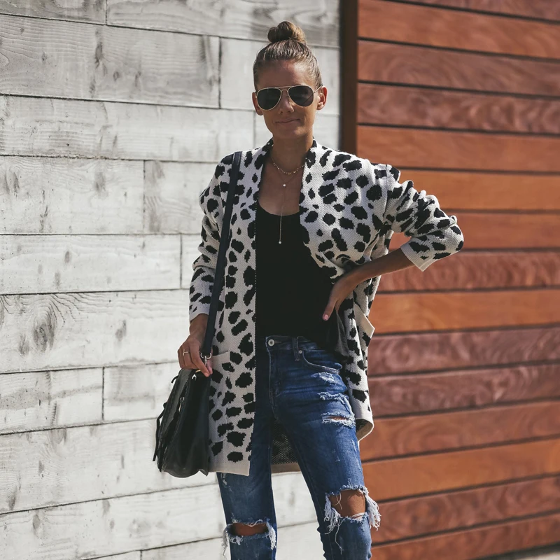 Elegant Leopard Print Cardigans Sweaters Women 2018 Autumn Winter Ladies Fashion Warm V-Neck Open Stitch Knitted Sweater Coats |